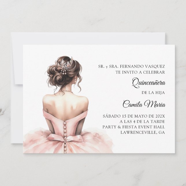 Convite Espanhol para Quinceañera Rosa (Frente)