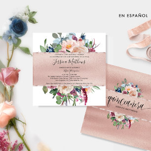Convite Espanhol, Pastel Floral e Rosa Dourada Quinceañera
