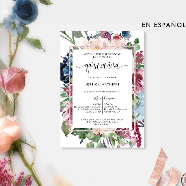 Convite Espanhol, Pastel Floral Quinceañera Elegante (Criador carregado)
