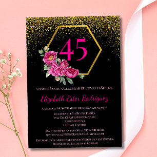 Convite Espanhol Preto e Dourado Únicos Rosa Aniversário d