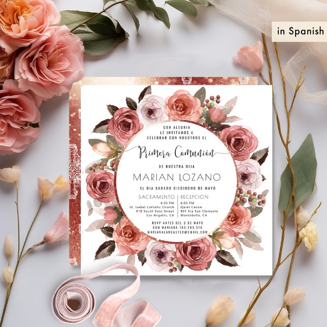 Convite Espanhol, Primeira Comunhão, Floral Rosa Dourado (Criador carregado)