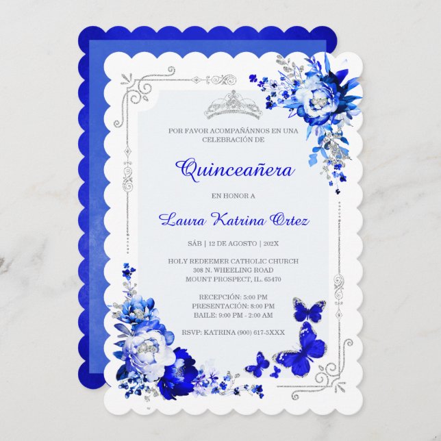 Convite Espanhol Quince Royal Silver (Frente/Verso)