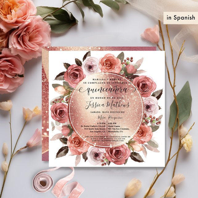 Convite Espanhol, Quinceanera Blush Rosa Floral Dourada Gl (Criador carregado)