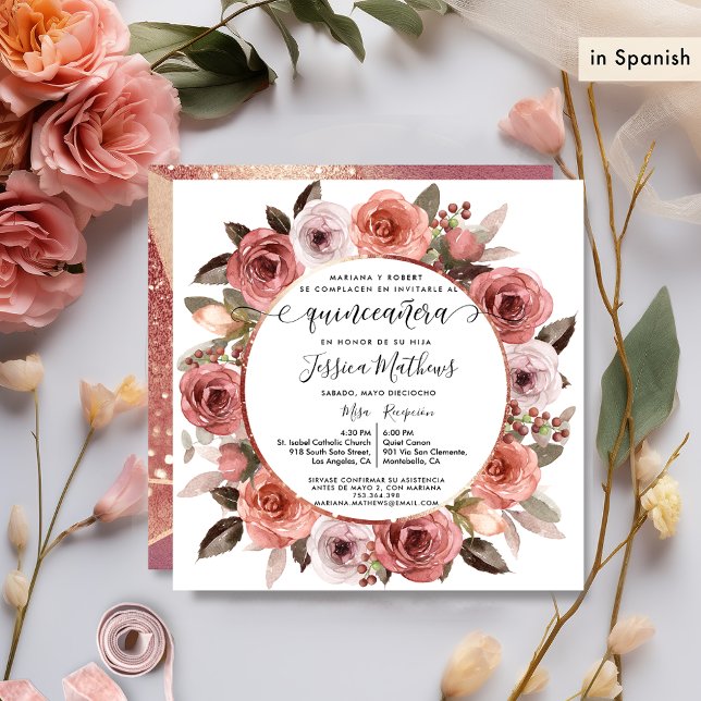 Convite Espanhol, Quinceanera Blush Rosa Floral Dourado Fl (Criador carregado)