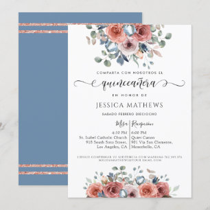 Convite Espanhol, Quinceañera Dusty Azul, Dourado Floral