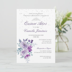 Convite espanhol Quinceanera - Invit floral roxo