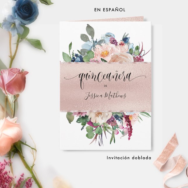 Convite Espanhol, Quinceañera Rosa Dourada Elegante (Criador carregado)