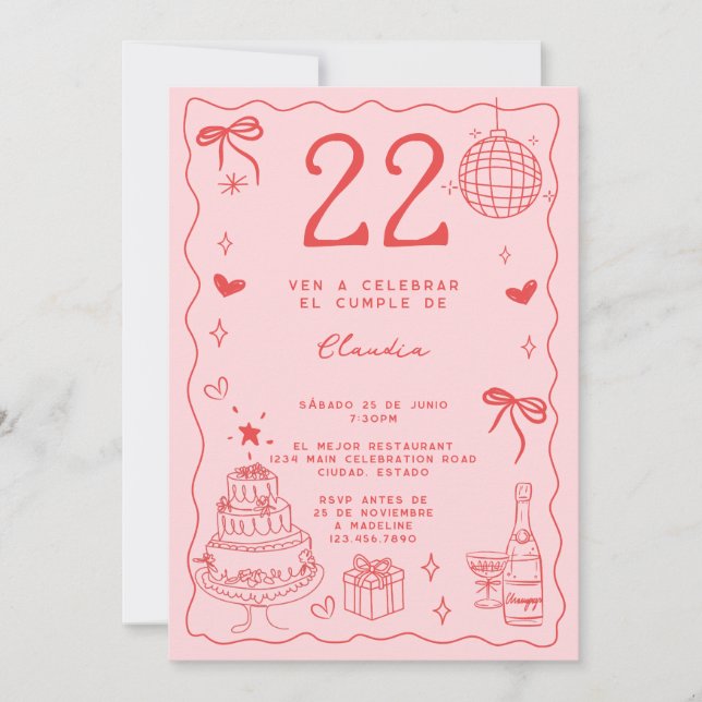 Convite Espanhol Retro Excêntrico Vermelho Rosa 22º Aniver (Frente)