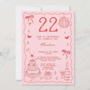 Convite Espanhol Retro Excêntrico Vermelho Rosa 22º Aniver