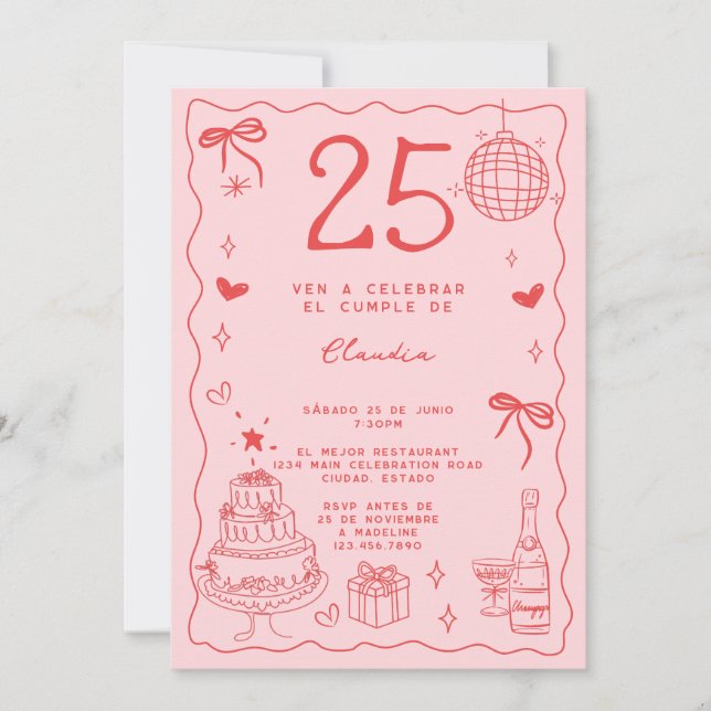 Convite Espanhol Retro Excêntrico Vermelho Rosa 25º Aniver (Frente)