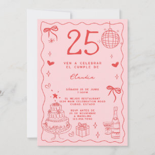 Convite Espanhol Retro Excêntrico Vermelho Rosa 25º Aniver