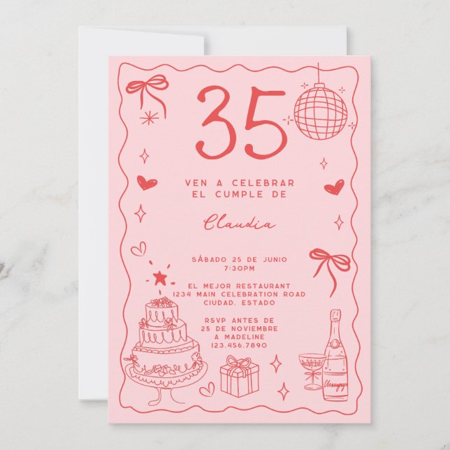 Convite Espanhol Retrô Excêntrico Vermelho Rosa 35º Aniver (Frente)