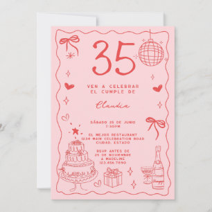 Convite Espanhol Retrô Excêntrico Vermelho Rosa 35º Aniver