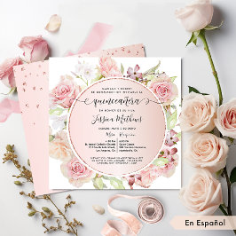 Convite Espanhol, Rosa, Esbranquiçado, Quinceanera Floral 