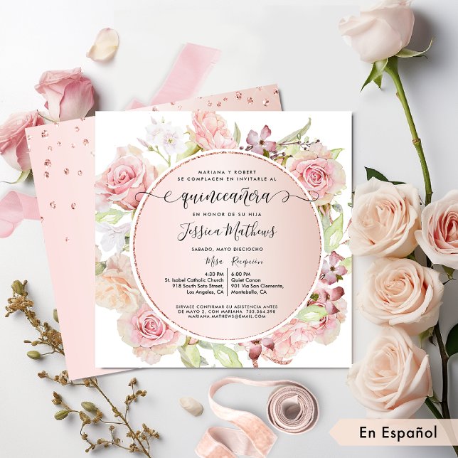 Convite Espanhol, Rosa, Esbranquiçado, Quinceanera Floral  (Criador carregado)