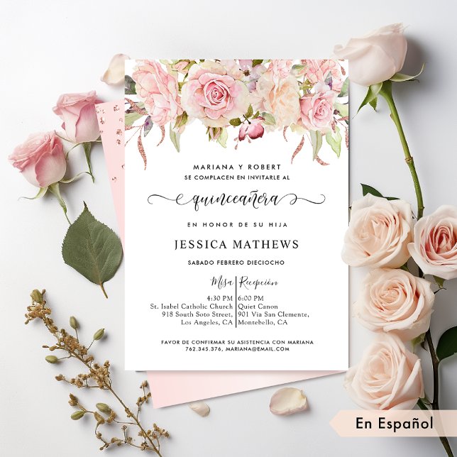 Convite Espanhol, Rosa, Esbranquiçado, Quinceañera Rosa Do (Criador carregado)