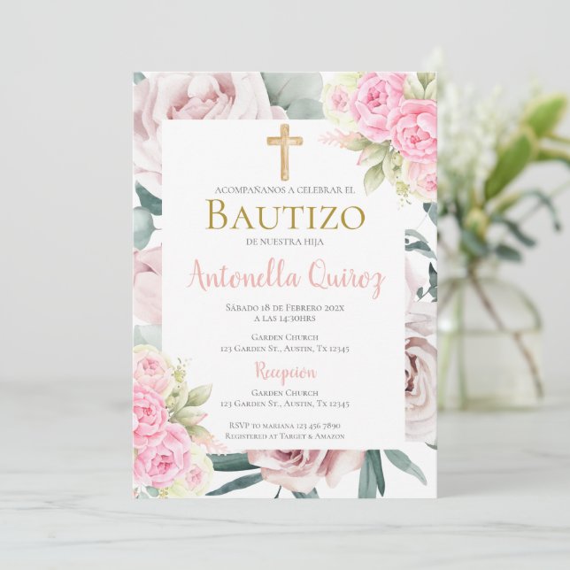 Convite Espanhol Rosa Florm Baptism Girl (Em pé/Frente)