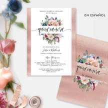 Espanhol, Rosa, Pastel Floral Quinceañera Inv