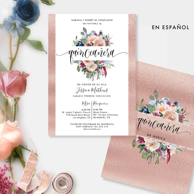 Convite Espanhol, Rosa, Pastel Floral Quinceañera Inv (Criador carregado)
