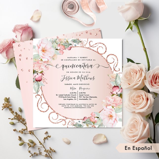 Convite Espanhol, Rosa, Rosa, Dourado, Quinceanera Floral  (Criador carregado)