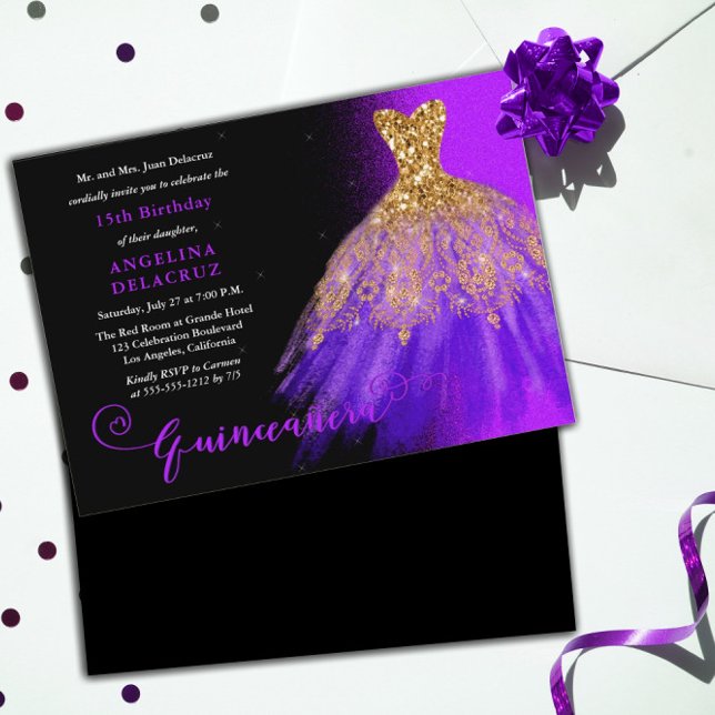 Convite Espanhol Roxo Elegante Quinceañera (Criador carregado)