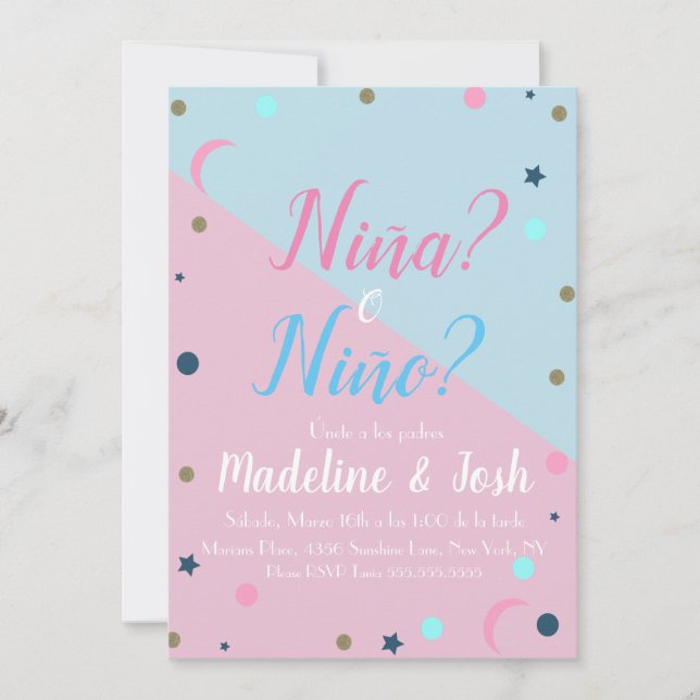 Convite Espanhol Sexo Revela Garoto ou Garota Estrelas Lua (Frente)