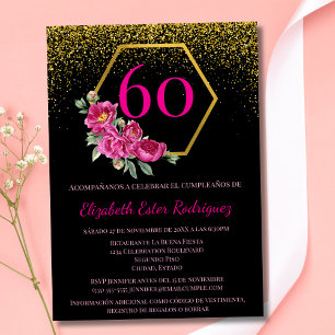 Convite Espanhol Sofisticado Preto Rosa 60º Aniversário