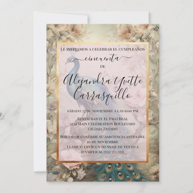 Convite Espanhol Vintage Pavão Chique Aniversário de 50 an (Frente)