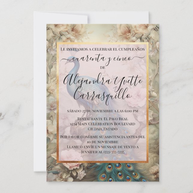Convite Espanhol Vintage Peacock Chic 45º Aniversário (Frente)
