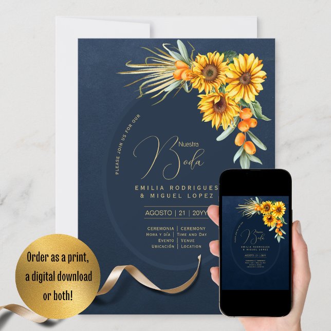 Convite Espanol Invitación Boda Rustic Blue Sunflower (Criador carregado)