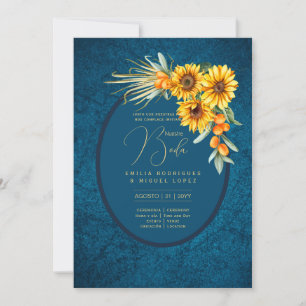 Convite Espanol Invitación Boda Rustic Blue Sunflower
