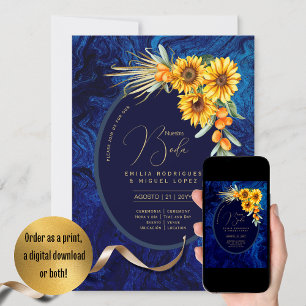 Convite Espanol Invitación Boda Rustic Blue Sunflower Inv