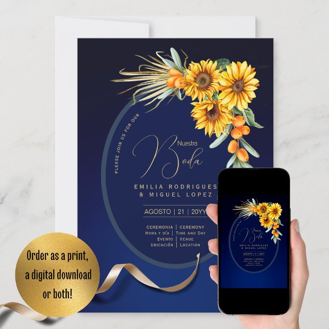 Convite Espanol Invitación Boda Rustic Blue Sunflower Inv (Criador carregado)