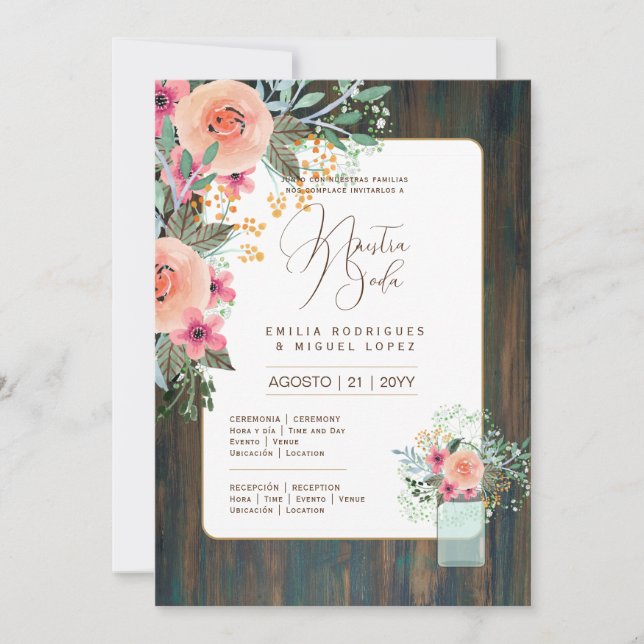 Convite Espanol Invitación de Boda Floral Casamento Russo  (Frente)