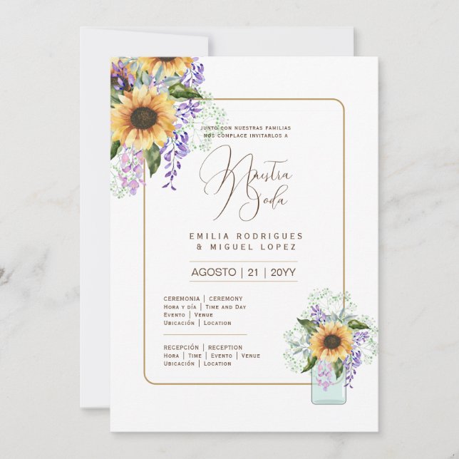 Convite Espanol Invitación de Boda Floral Casamento Russo  (Frente)