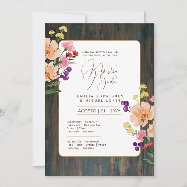 Convite Espanol Invitación de Boda Floral Casamento Russo  (Frente)
