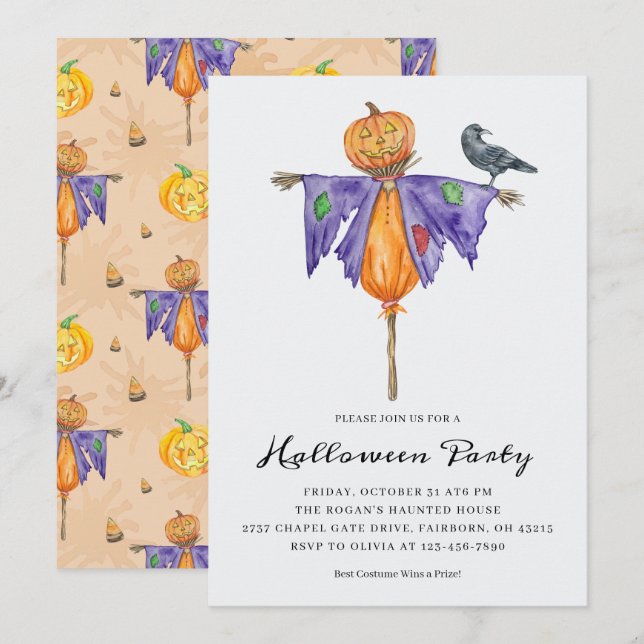 Convite Espantalho de Halloween com Festa de Abóbora (Frente/Verso)