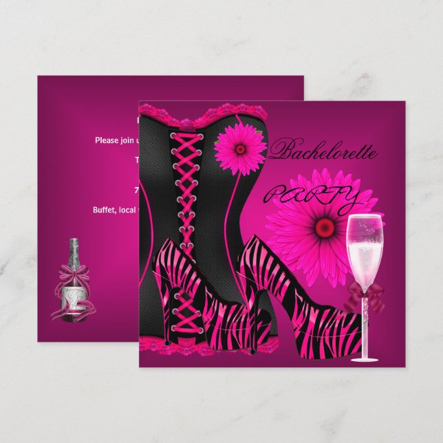 Convite Espartilho para Festa de Solteira Zebra Preto Rosa (Frente/Verso)