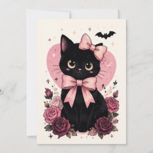 Convite Espelho Vintage Rosa Gato Preto Halloween