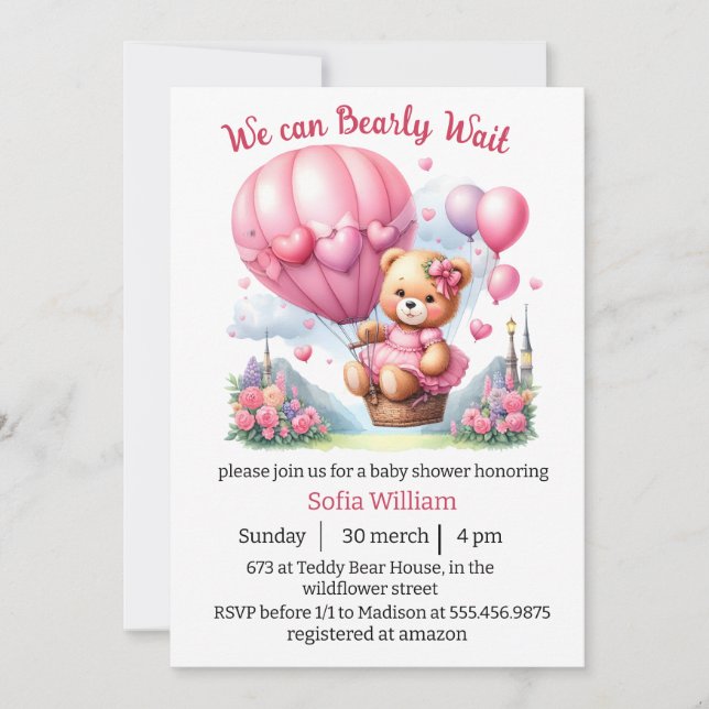 Convite espera cedo o chá da bebê baloneira do ursinho (Frente)