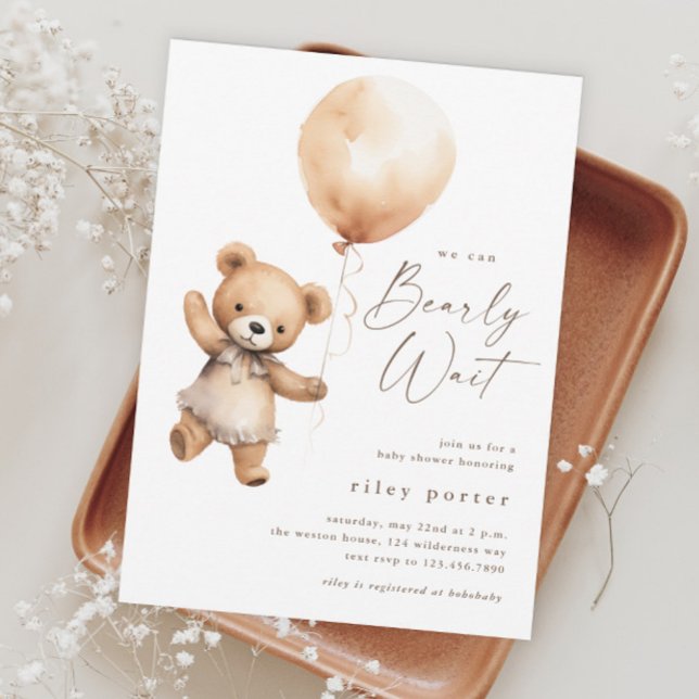 Convite Esperança Anterior Teddy Urso Sexo Chá de fraldas  (We Can Bearly Wait Teddy Bear Gender Neutral Baby Shower Invitation.)