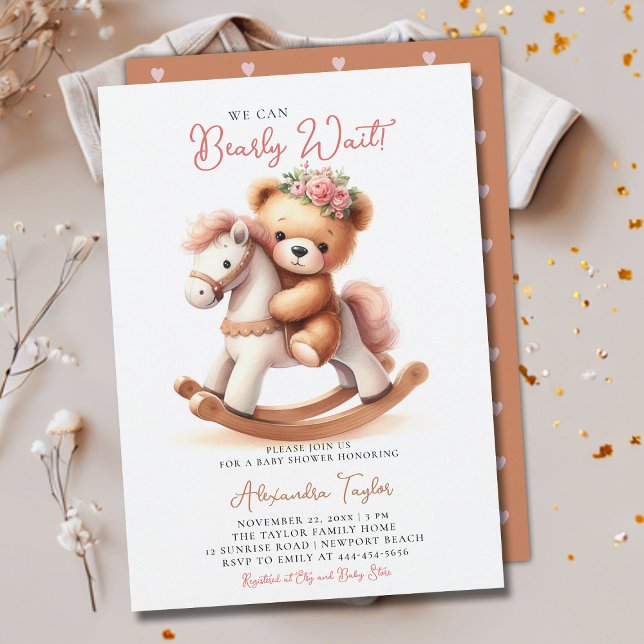 Convite Esperança Esperando Rosas de cavalos, Chá de menin (we can bearly wait baby girl shower invitation teddy bear cute rocking chair cowgirl western roses)