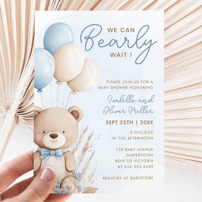 Convite Esperar Chá de fraldas Branco e Azul Neutro (Bearly Wait Neutral Blue and White Baby Shower Invitation)