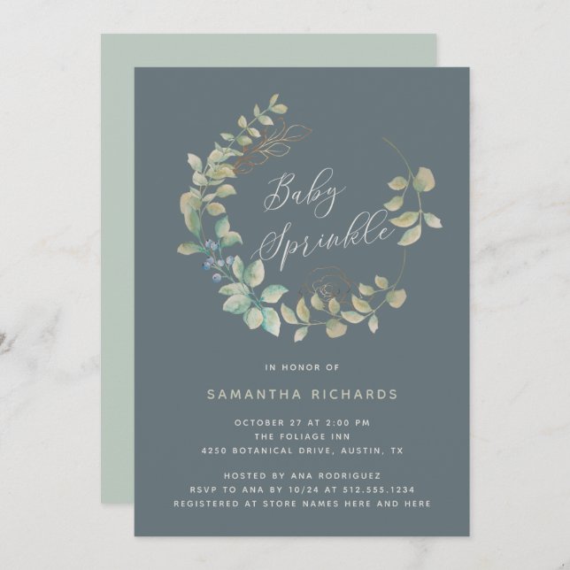 Convite Espingarda Dourada De Bebê Botânica De Folha| Sába (Frente/Verso)