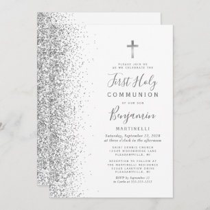 Convite Espingarda prateada Borda branca Primeira Comunhão