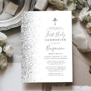 Convite Espingarda prateada Borda branca Primeira Comunhão