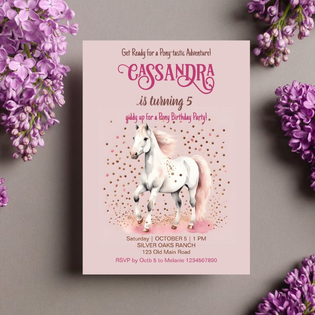 Convite Espinheiros de rosa de cavalo branco de festa de a (Pony birthday party template invitation instant digital download white horse rose gold sprinkles)