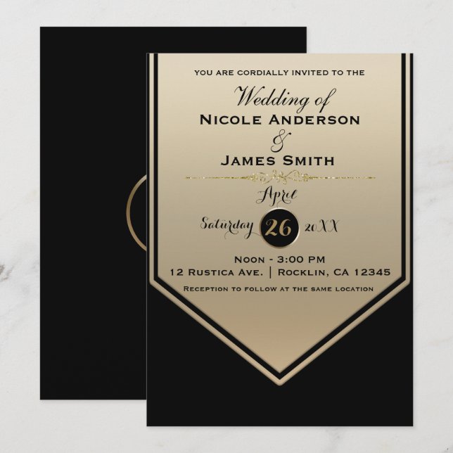 Convite Esplêndido Brilho Preto e Dourado Casamento Elegan (Frente/Verso)