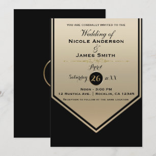 Convite Esplêndido Brilho Preto e Dourado Casamento Elegan