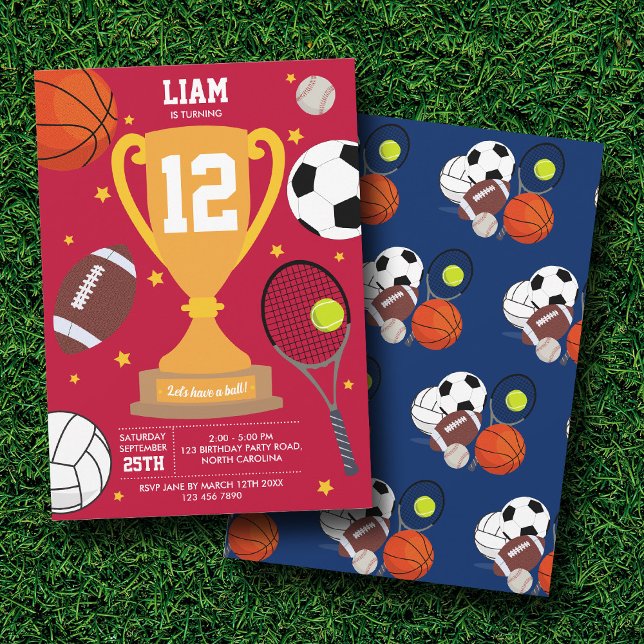 Convite Esportes - Bolas Atléticas Crianças Festa de anive (Sports Athletic Balls Kids Red Blue Birthday Party Invitation)